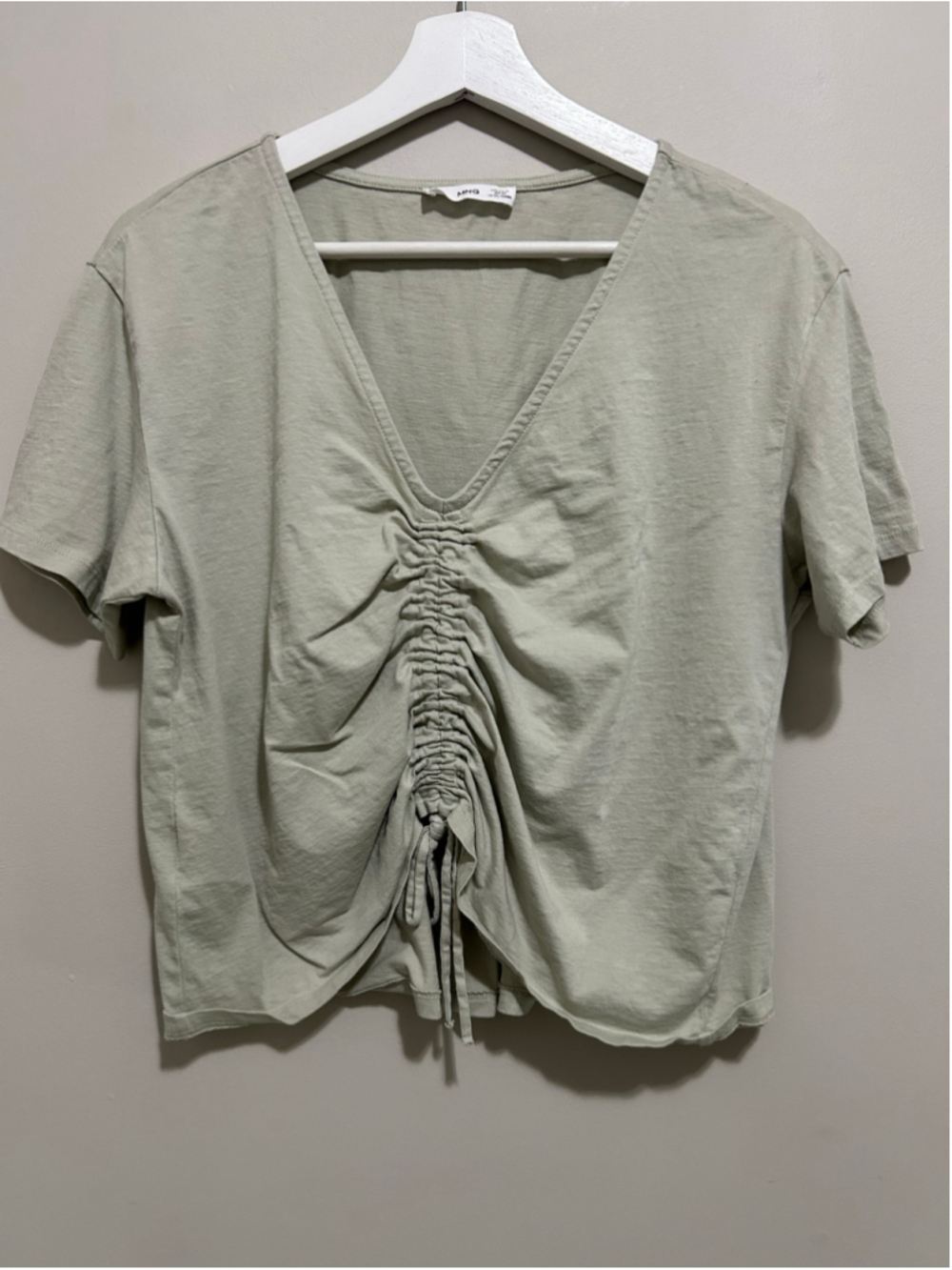 Women's MNG Short Sleeve Ruched V-Neck Tee Green XL
